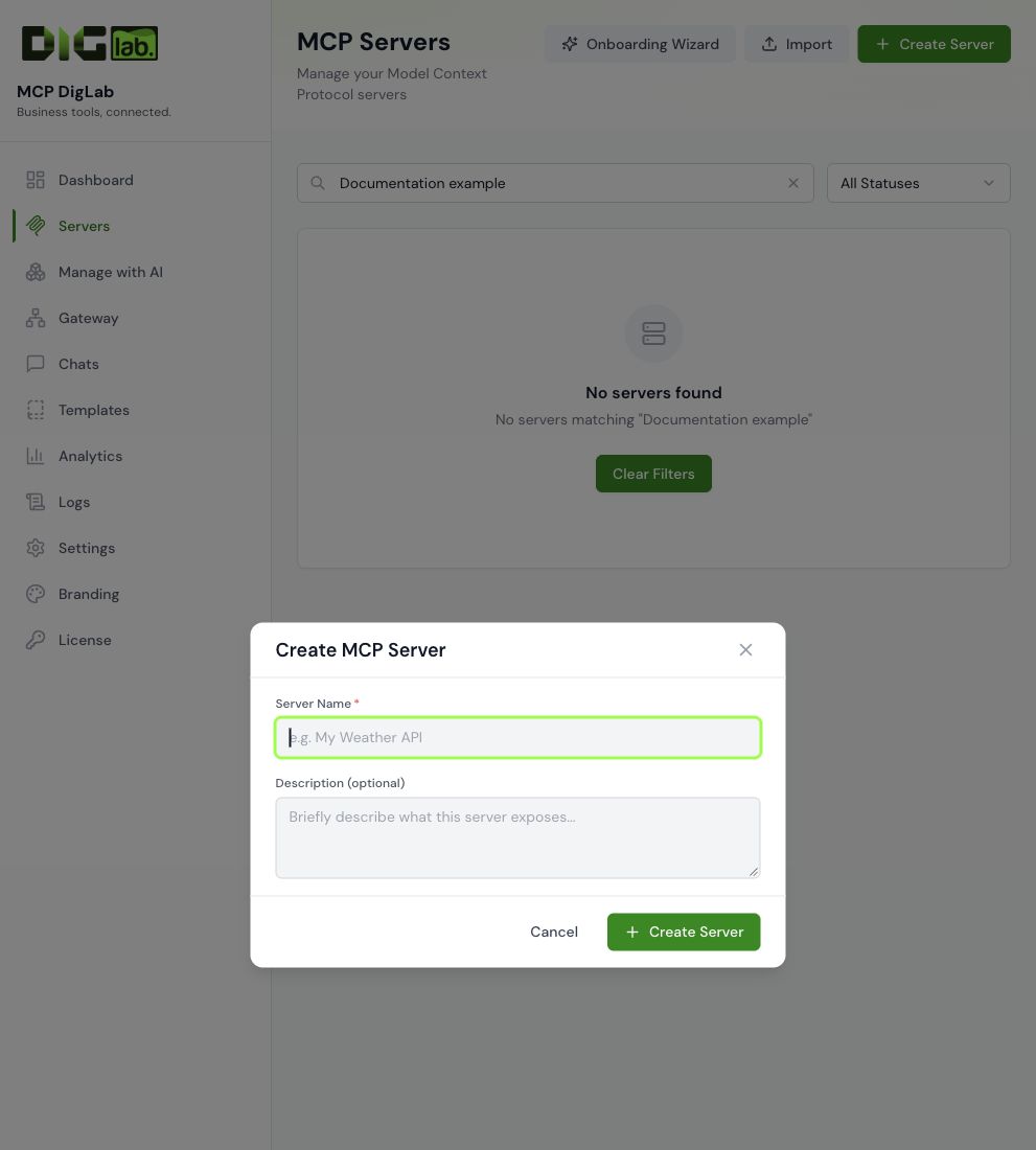 Create MCP Server dialog with required server name and optional description fields