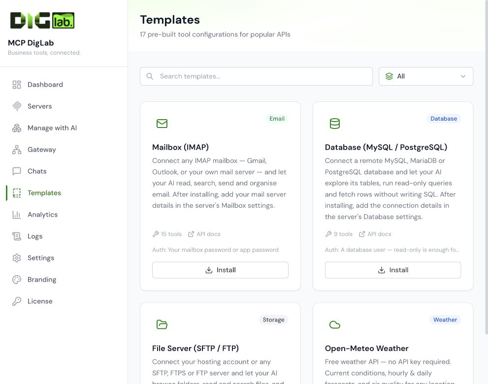 Templates library showing mailbox, database and file server configurations